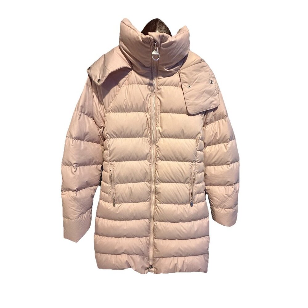 Athleta Downtown Parka Jacket Womens Sz‎ S Baby Pink Hooded Down Puffer Coat EUC